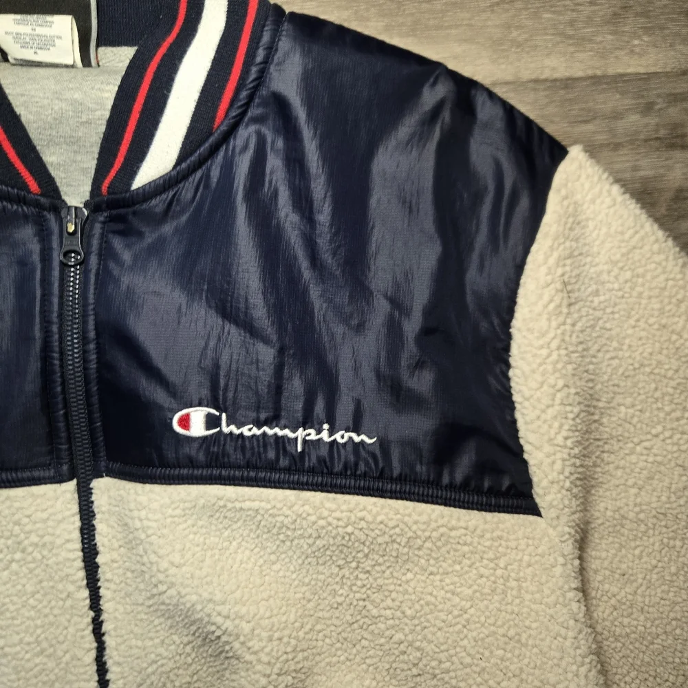 Champion Fleece Sherpa Bomber Embroidered Jacket White And Navy Size xl